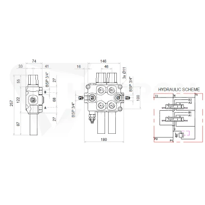 Zestaw hydrauliczny 2 sekcyjny: rozdzielacz 120L + joystick z jednym przyciskiem + dwie linki 1m