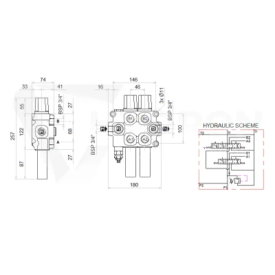 Zestaw hydrauliczny 3 sekcyjny: rozdzielacz 120L z sekcją pływającą + elektrozawór 6/2 + joystick z jednym przyciskiem + dwie linki 1,5m