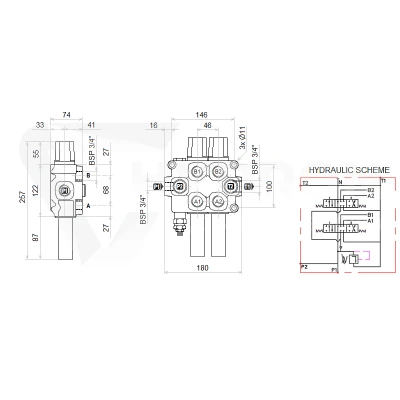 Zestaw hydrauliczny 3 sekcyjny: rozdzielacz 120L + elektrozawór 6/2 + joystick z jednym przyciskiem + dwie linki 2m
