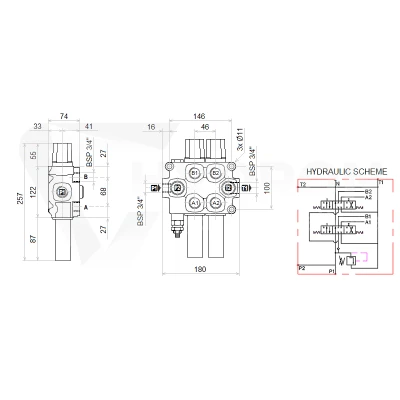 Zestaw hydrauliczny 4 sekcyjny: rozdzielacz 120L + dwa elektrozawory 6/2 + joystick z dwoma przyciskami + dwie linki 1m