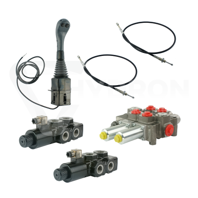 Przejdź do produktu Zestaw hydrauliczny 4 sekcyjny: rozdzielacz 120L z sekcją pływającą + dwa elektrozawory 6/2 + joystick z dwoma przyciskami + dwie linki 1m