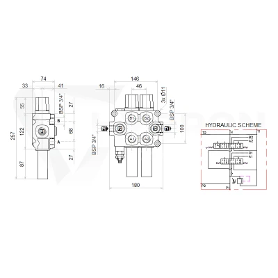Zestaw hydrauliczny 4 sekcyjny: rozdzielacz 120L z sekcją pływającą + dwa elektrozawory 6/2 + joystick z dwoma przyciskami + dwie linki 3m