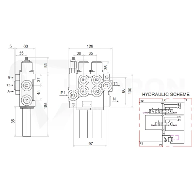 Zestaw hydrauliczny 2 sekcyjny: rozdzielacz 40L z sekcją pływającą + joystick bez przycisków + dwie linki 2,5m