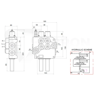 Zestaw hydrauliczny 2 sekcyjny: rozdzielacz 80L + joystick z jednym przyciskiem + dwie linki 1,5m