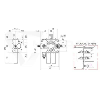 Zestaw hydrauliczny 2 sekcyjny: rozdzielacz 60L + joystick z jednym przyciskiem + dwie linki 2,5m