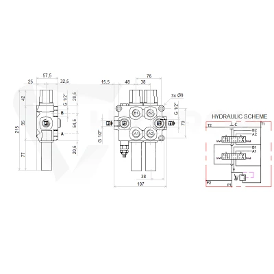 Zestaw hydrauliczny 3 sekcyjny: rozdzielacz 60L + elektrozawór 6/2 + joystick z jednym przyciskiem + dwie linki 2m