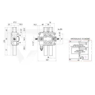 Zestaw hydrauliczny 3 sekcyjny: rozdzielacz 60L z sekcją pływającą + elektrozawór 6/2 + joystick z jednym przyciskiem + dwie linki 2m