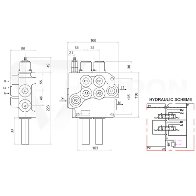 Zestaw hydrauliczny 3 sekcyjny: rozdzielacz 80L + elektrozawór 6/2 + joystick z jednym przyciskiem + dwie linki 1m