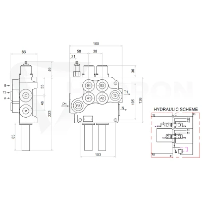 Zestaw hydrauliczny 3 sekcyjny: rozdzielacz 80L z sekcją pływającą + elektrozawór 6/2 + joystick z jednym przyciskiem + dwie linki 2m