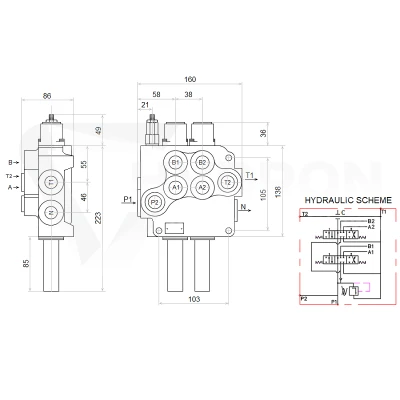 Zestaw hydrauliczny 4 sekcyjny: rozdzielacz 80L + dwa elektrozawory 6/2 + joystick z dwoma przyciskami + dwie linki 1,5m
