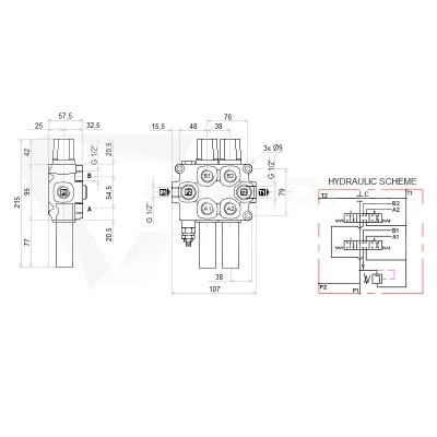 Zestaw hydrauliczny 4 sekcyjny: rozdzielacz 60L + dwa elektrozawory 6/2 + joystick z dwoma przyciskami + dwie linki 3m