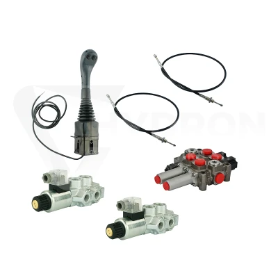 Zestaw hydrauliczny 4 sekcyjny: rozdzielacz 60L z sekcją pływającą + dwa elektrozawory 6/2 + joystick z dwoma przyciskami + dwie linki 3m