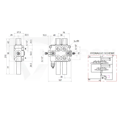 Zestaw hydrauliczny 4 sekcyjny: rozdzielacz 60L z sekcją pływającą + dwa elektrozawory 6/2 + joystick z dwoma przyciskami + dwie linki 3m