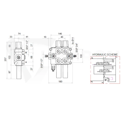 Zestaw hydrauliczny 3 sekcyjny: rozdzielacz 90L z sekcją pływającą + elektrozawór 6/2 + joystick z jednym przyciskiem + dwie linki 1,5m