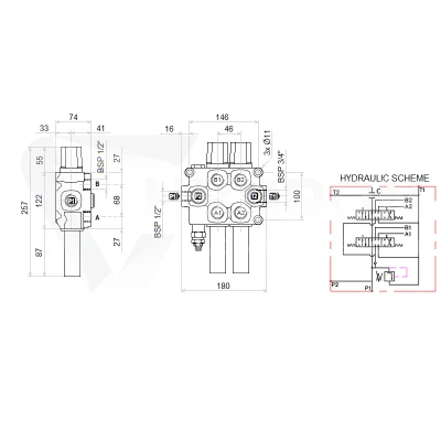 Zestaw hydrauliczny 3 sekcyjny: rozdzielacz 90L + elektrozawór 6/2 + joystick z jednym przyciskiem + dwie linki 2,5m