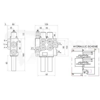 Zestaw hydrauliczny 3 sekcyjny: rozdzielacz 40L + elektrozawór 6/2 + joystick z jednym przyciskiem + dwie linki 3m