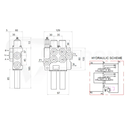 Zestaw hydrauliczny 4 sekcyjny: rozdzielacz 40L + dwa elektrozawory 6/2 + joystick z dwoma przyciskami + dwie linki 1m