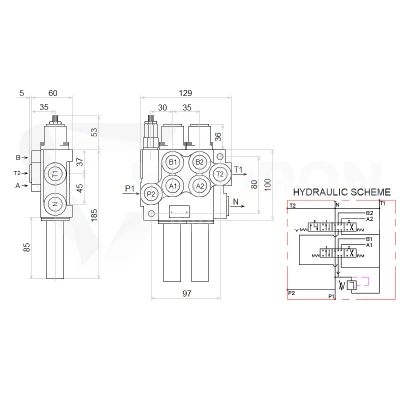 Zestaw hydrauliczny 4 sekcyjny: rozdzielacz 40L z sekcją pływającą + dwa elektrozawory 6/2 + joystick z dwoma przyciskami + dwie linki 1m