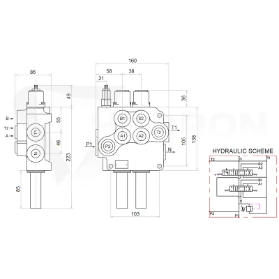 Zestaw hydrauliczny 2 sekcyjny: rozdzielacz 80L z sekcją pływającą + joystick bez przycisków + dwie linki 1m