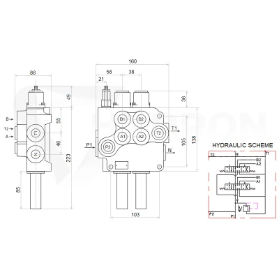 Zestaw hydrauliczny 4 sekcyjny: rozdzielacz 80L + dwa elektrozawory 6/2 + joystick z dwoma przyciskami + dwie linki 1,5m