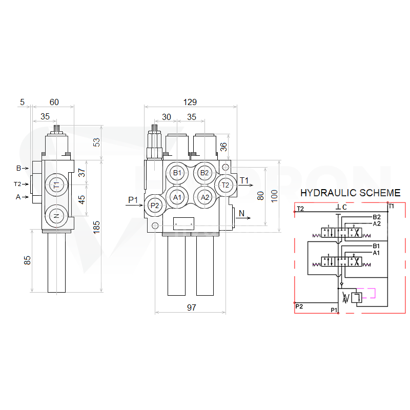 Zestaw hydrauliczny 4 sekcyjny: rozdzielacz 40L z sekcją pływającą + dwa elektrozawory 6/2 + joystick z dwoma przyciskami + dwie linki 1m