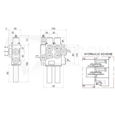 Zestaw hydrauliczny 4 sekcyjny: rozdzielacz 40L z sekcją pływającą + dwa elektrozawory 6/2 + joystick z dwoma przyciskami + dwie linki 2,5m