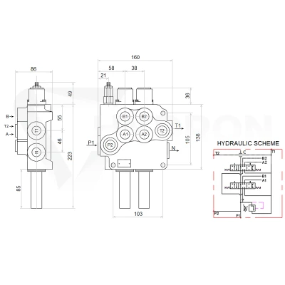 Zestaw hydrauliczny 2 sekcyjny: rozdzielacz 80L + joystick bez przycisków + dwie linki 2m