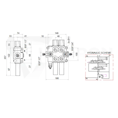 Zestaw hydrauliczny 4 sekcyjny: rozdzielacz 90L z sekcją pływającą + dwa elektrozawory 6/2 + joystick z dwoma przyciskami + dwie linki 1,5m