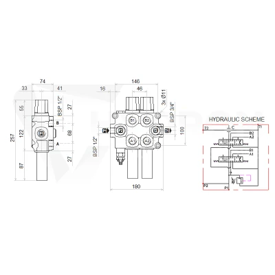 Zestaw hydrauliczny 4 sekcyjny: rozdzielacz 90L + dwa elektrozawory 6/2 + joystick z dwoma przyciskami + dwie linki 3m