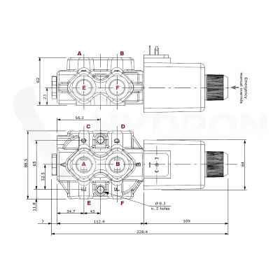Zestaw hydrauliczny 4 sekcyjny: rozdzielacz 90L + dwa elektrozawory 6/2 + joystick z dwoma przyciskami + dwie linki 3m