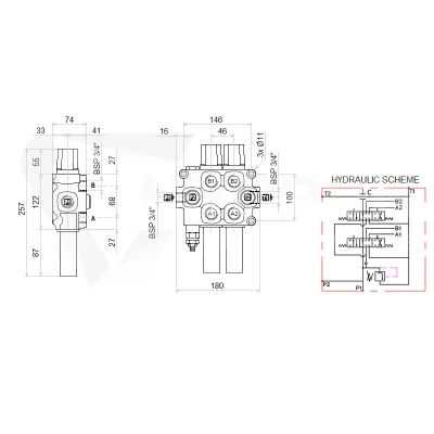 Zestaw hydrauliczny 2 sekcyjny: rozdzielacz 120L + joystick bez przycisków + dwie linki 1m