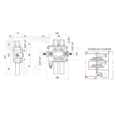 Zestaw hydrauliczny 2 sekcyjny: rozdzielacz 120L + joystick z jednym przyciskiem + dwie linki 1,5m