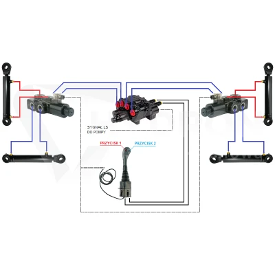 Zestaw hydrauliczny 4 sekcyjny: rozdzielacz 80L z sekcją pływającą + dwa elektrozawory 6/2 + joystick z dwoma przyciskami + dwie linki 2m