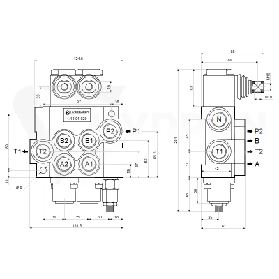 Rozdzielacz hydrauliczny 2 sekcyjny 30 l/min 2P40 z przyłączami 18/16 Hydrolider