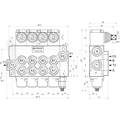 Rozdzielacz hydrauliczny 4 sekcyjny 20 l/min 4P40 z przyłączami 16/16 Hydrolider