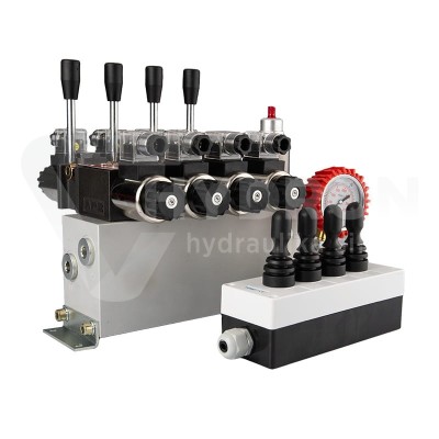 Przejdź do produktu Rozdzielacz hydrauliczny 4 sekcyjny 12V blokowy typu Cetop 3 NG6 z proporcjonalnym regulatorem przepływu w komplecie z panelem sterującym Hydrolider z czterema joystickami, manometrem, wtyczkami elektrycznymi i przyłączami