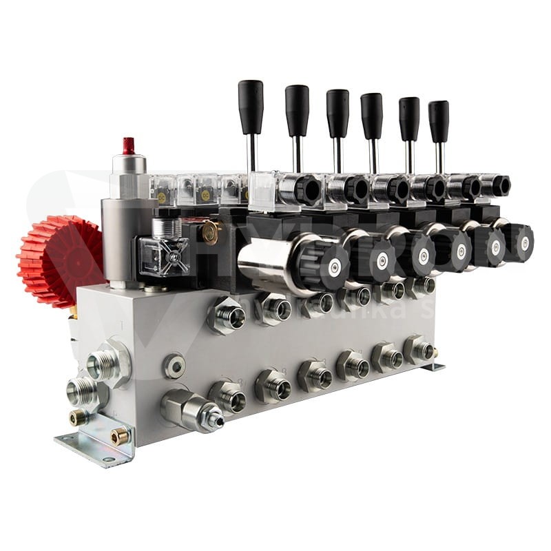Rozdzielacz hydrauliczny 6 sekcyjny 12V blokowy typu Cetop 3 NG6 z proporcjonalnym regulatorem przepływu w komplecie z manometrem, wtyczkami elektrycznymi i przyłączami