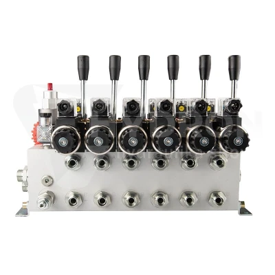 Rozdzielacz hydrauliczny 6 sekcyjny 12V blokowy typu Cetop 3 NG6 z proporcjonalnym regulatorem przepływu w komplecie z manometrem, wtyczkami elektrycznymi i przyłączami