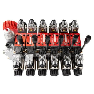 Rozdzielacz hydrauliczny 6 sekcyjny 12V blokowy typu Cetop 3 NG6 z proporcjonalnym regulatorem przepływu w komplecie z manometrem, wtyczkami elektrycznymi i przyłączami
