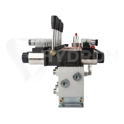 Rozdzielacz hydrauliczny 6 sekcyjny 12V blokowy typu Cetop 3 NG6 z proporcjonalnym regulatorem przepływu w komplecie z manometrem, wtyczkami elektrycznymi i przyłączami