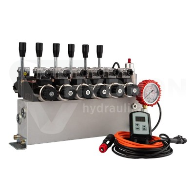 Przejdź do produktu Rozdzielacz hydrauliczny 6 sekcyjny 12V blokowy typu Cetop 3 NG6 z proporcjonalnym regulatorem przepływu w komplecie ze sterownikiem zaworu proporcjonalnego ARPWM, manometrem, wtyczkami elektrycznymi i przyłączami