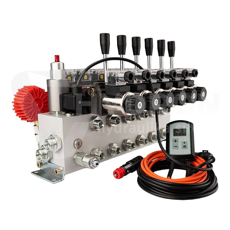 Rozdzielacz hydrauliczny 6 sekcyjny 12V blokowy typu Cetop 3 NG6 z proporcjonalnym regulatorem przepływu w komplecie ze sterownikiem zaworu proporcjonalnego ARPWM, manometrem, wtyczkami elektrycznymi i przyłączami