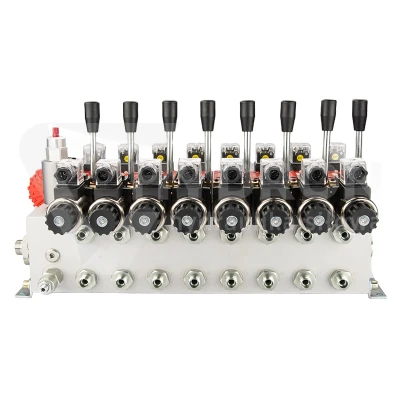 Rozdzielacz hydrauliczny 8 sekcyjny 12V blokowy typu Cetop 3 NG6 z proporcjonalnym regulatorem przepływu w komplecie z manometrem, wtyczkami elektrycznymi i przyłączami