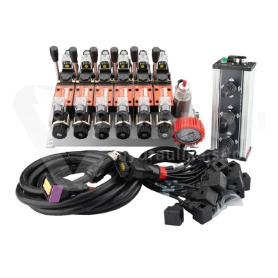 Rozdzielacz hydrauliczny 6 sekcyjny 12V blokowy typu Cetop 3 NG6 z proporcjonalnym regulatorem przepływu w komplecie z panelem sterującym Salvarani z trzema joystickami, manometrem, wtyczkami elektrycznymi i przyłączami