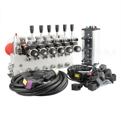 Rozdzielacz hydrauliczny 6 sekcyjny 12V blokowy typu Cetop 3 NG6 z proporcjonalnym regulatorem przepływu w komplecie z panelem sterującym Salvarani z trzema joystickami, manometrem, wtyczkami elektrycznymi i przyłączami