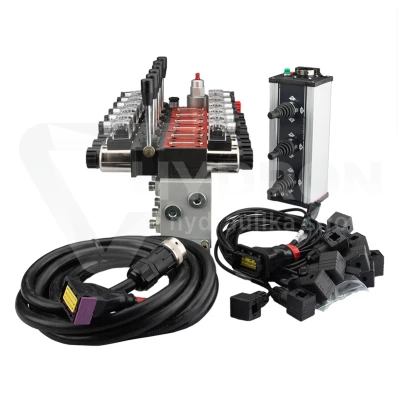 Rozdzielacz hydrauliczny 6 sekcyjny 12V blokowy typu Cetop 3 NG6 z proporcjonalnym regulatorem przepływu w komplecie z panelem sterującym Salvarani z trzema joystickami, manometrem, wtyczkami elektrycznymi i przyłączami