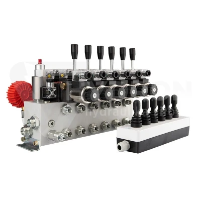 Rozdzielacz hydrauliczny 6 sekcyjny 12V blokowy typu Cetop 3 NG6 z proporcjonalnym regulatorem przepływu w komplecie z panelem sterującym Hydrolider z sześcioma joystickami, manometrem, wtyczkami elektrycznymi i przyłączami