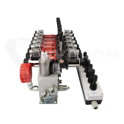 Rozdzielacz hydrauliczny 6 sekcyjny 12V blokowy typu Cetop 3 NG6 z proporcjonalnym regulatorem przepływu w komplecie z panelem sterującym Hydrolider z sześcioma joystickami, manometrem, wtyczkami elektrycznymi i przyłączami