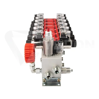 Rozdzielacz hydrauliczny 6 sekcyjny 12V blokowy typu Cetop 3 NG6 z proporcjonalnym regulatorem przepływu w komplecie z manometrem, wtyczkami elektrycznymi i przyłączami