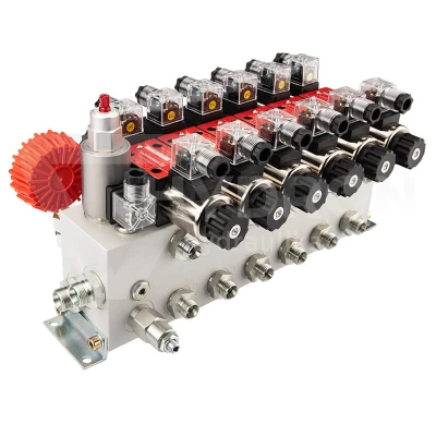 Rozdzielacz hydrauliczny 6 sekcyjny 12V blokowy typu Cetop 3 NG6 z proporcjonalnym regulatorem przepływu w komplecie z manometrem, wtyczkami elektrycznymi i przyłączami